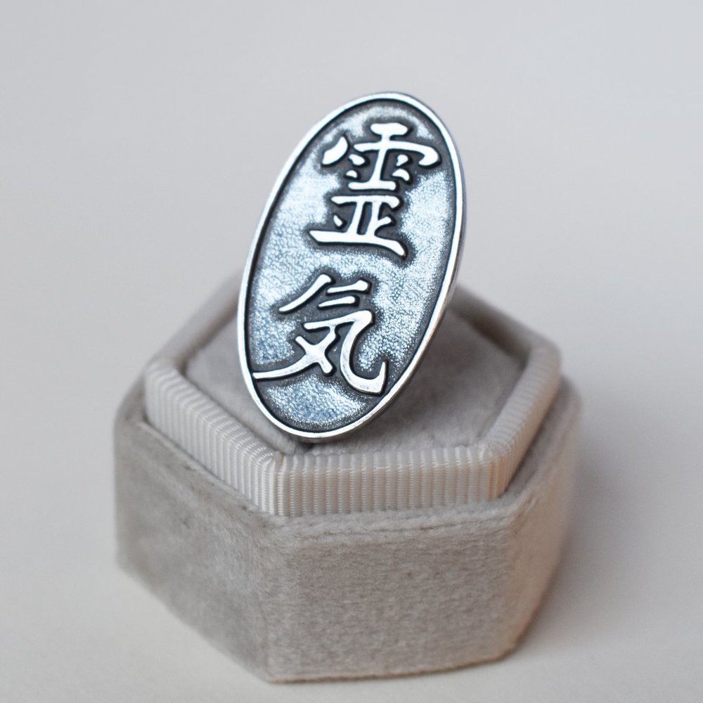 Asian symbols brooch pin, black rhodium silver geometric brooch